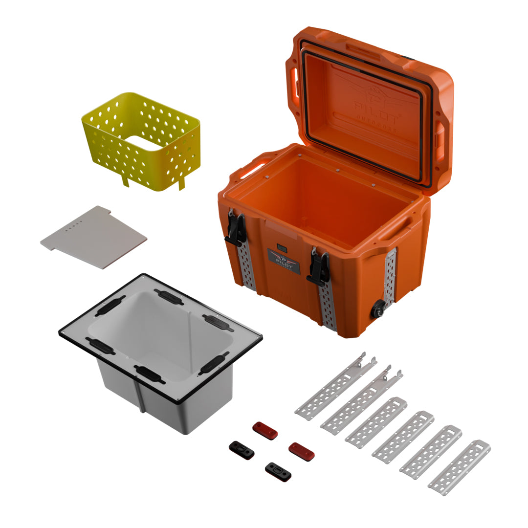 35/60 Orange Ice Chest Cooler - Pilot Outdoors with a durable design, featuring a sturdy lid with built-in handles on the sides, heavy-duty latches, and a drain plug at the bottom. The cooler is designed for rugged outdoor use.