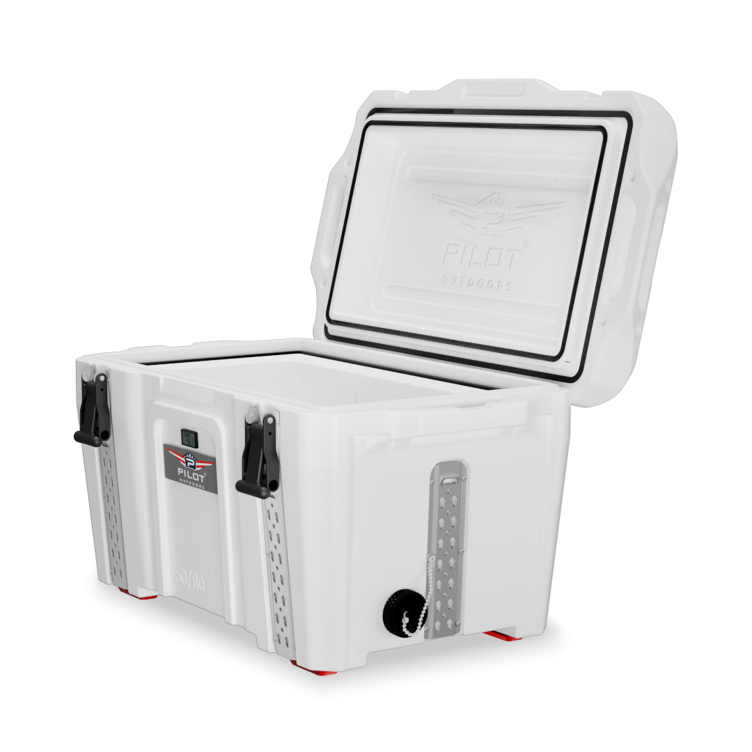Pilot Outdoors white rotomolded cooler with open lid, black latches, and front logo showing temperature display.
