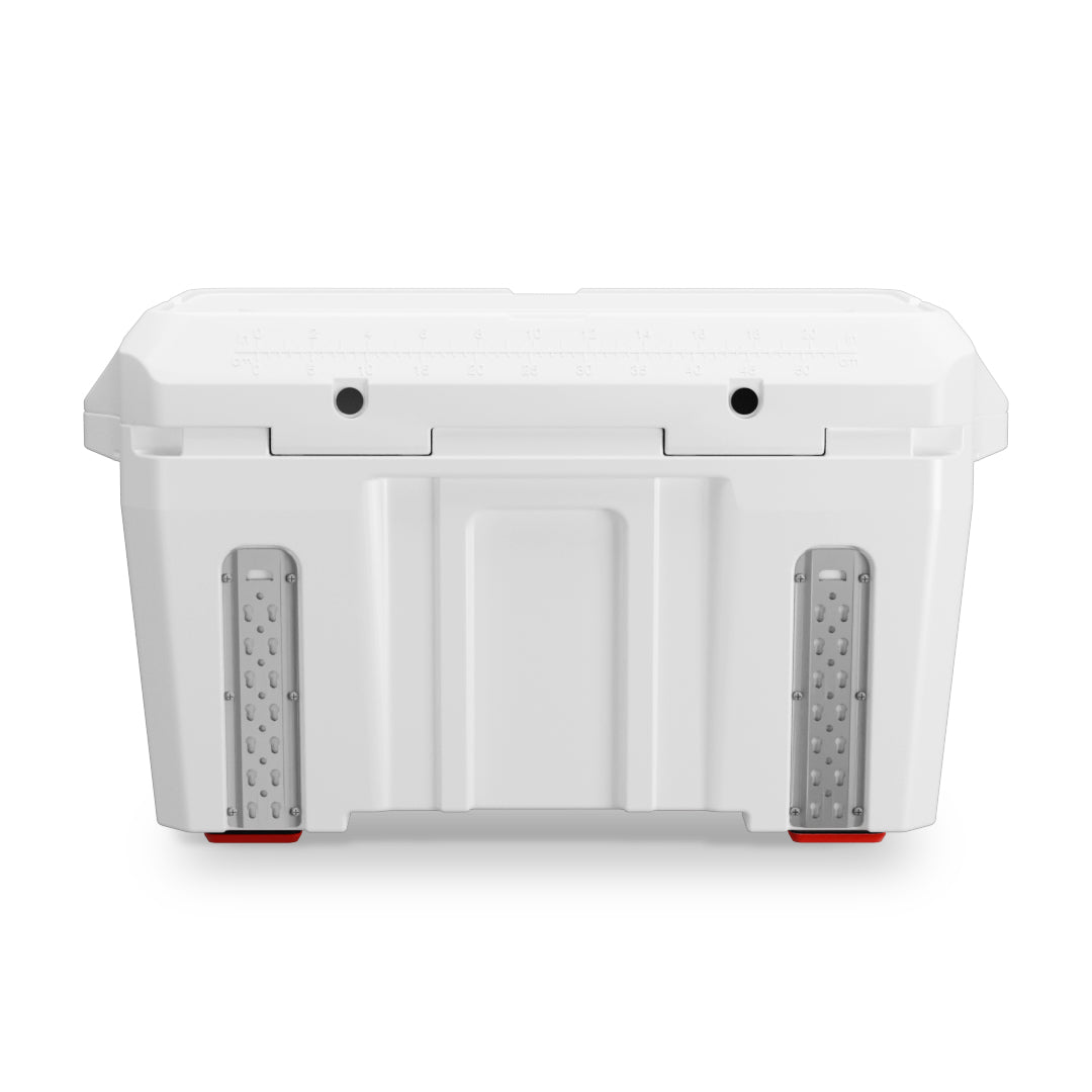 Pilot Outdoors white rotomolded cooler with open lid, black latches, and front logo showing temperature display.