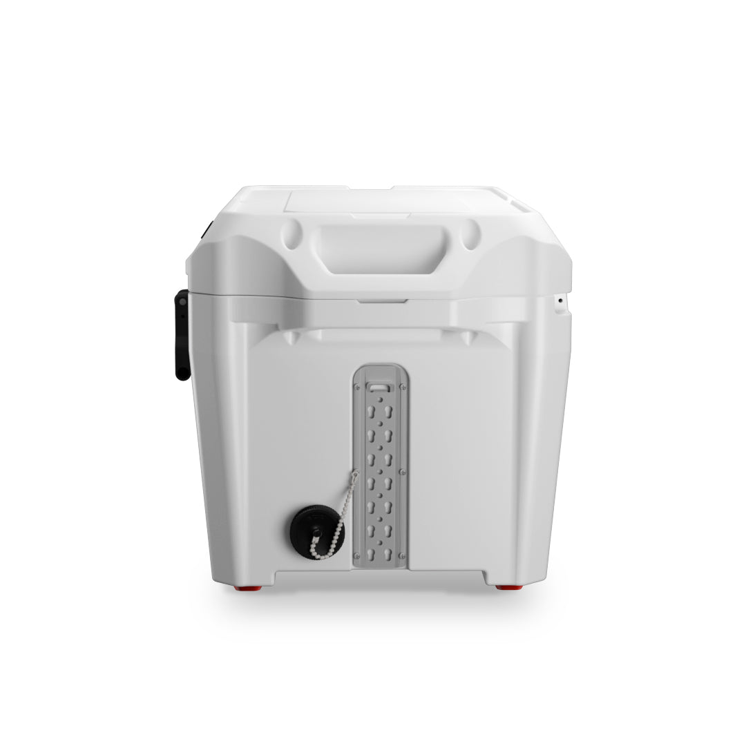 Pilot Outdoors white rotomolded cooler with open lid, black latches, and front logo showing temperature display.