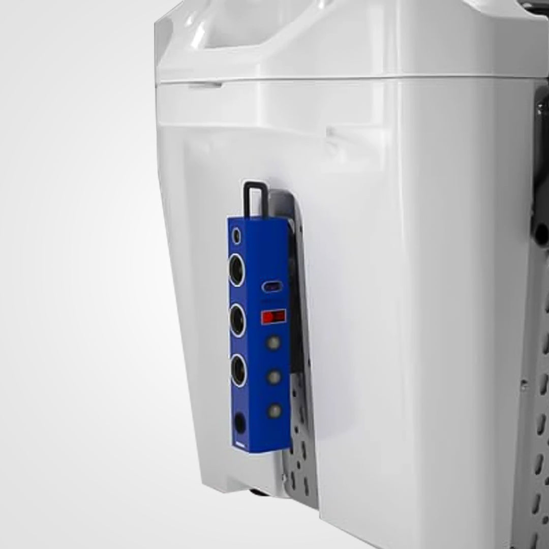 All-in-one solar-powered battery pack with solar panel on top and USB ports on the side.