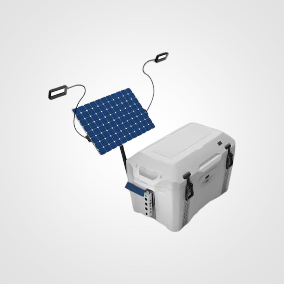 Solar-powered portable power station and LED light show kit: a compact grey battery unit with a fold‑out handle, connected to a string of multicolored LED lights.
