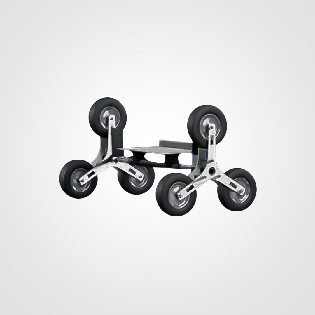 Metal stair‑climbing all‑terrain wheel assembly with six black rubber wheels mounted in triangular clusters, designed for a cooler.