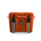 Orange hard-shell cooler with black front latches, a molded top handle, and a drain plug at the base.  35/60 Orange Ice Chest Cooler - Pilot Outdoors