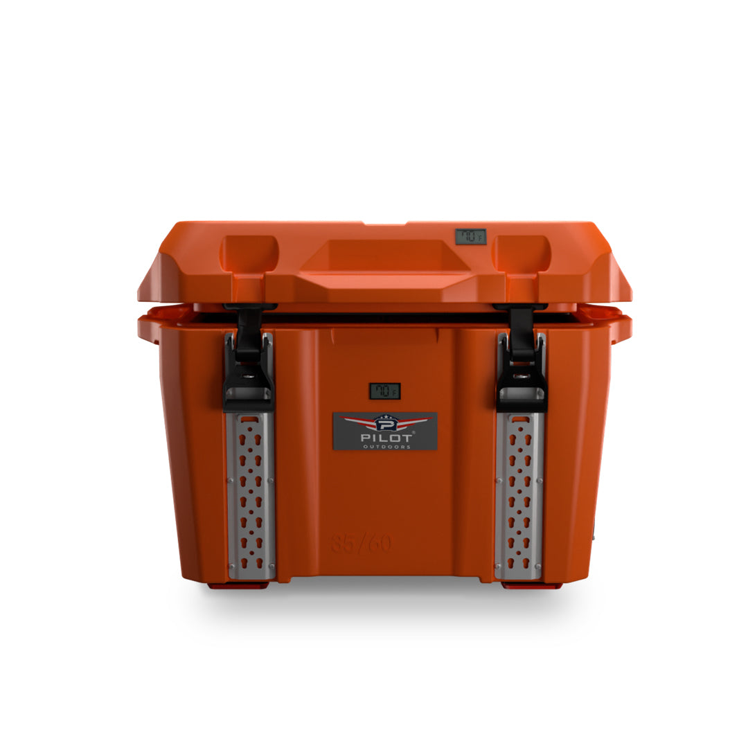  35/60 Orange Ice Chest Cooler - Pilot Outdoors heavy-duty cooler with stainless steel latches, molded handles, and built-in drain plug.