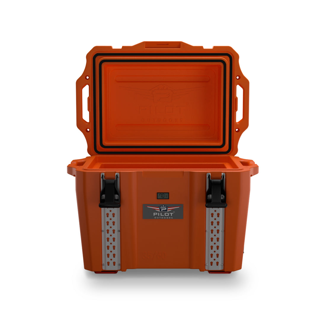  35/60 Orange Ice Chest Cooler - Pilot Outdoors with heavy-duty latches, gasketed lid, and metal front plates from Pilot Outdoors.
