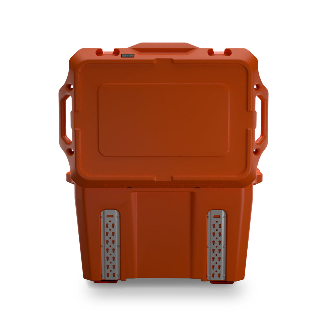  35/60 Orange Ice Chest Cooler - Pilot Outdoors with black front latches, a molded top handle, and a drain plug at the base.