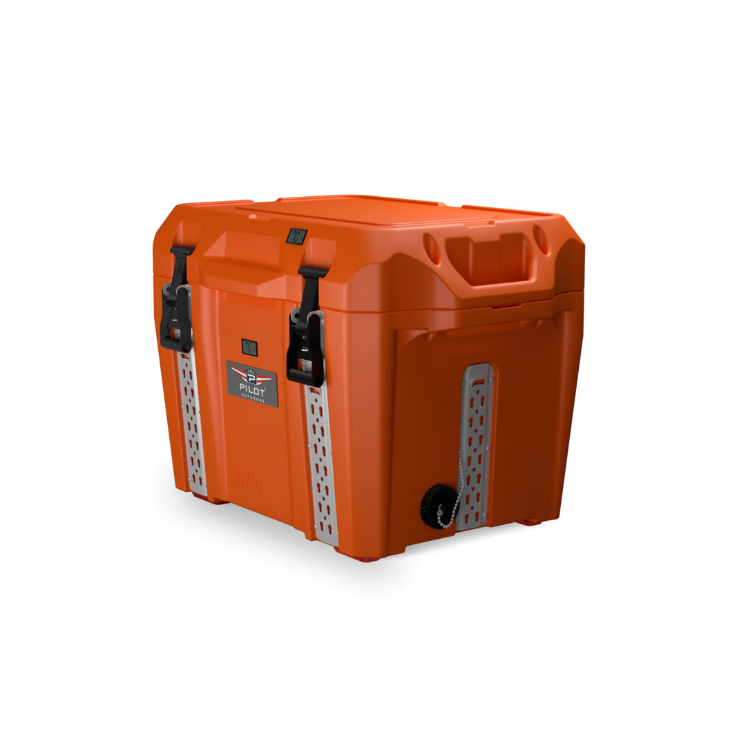  35/60 Orange Ice Chest Cooler - Pilot Outdoors with black front latches, built-in top handle and drain plug at base.