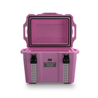 Rectangular pink outdoor cooler with hinged lid and side handles, shown closed against white background.