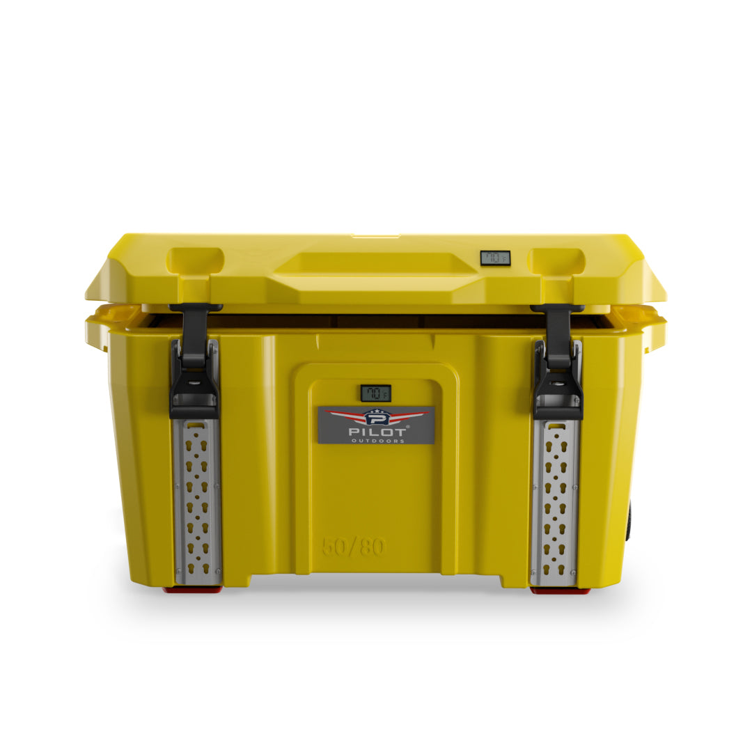 Bright yellow outdoor cooler with sturdy handles and a secure lid, ideal for camping or picnics.