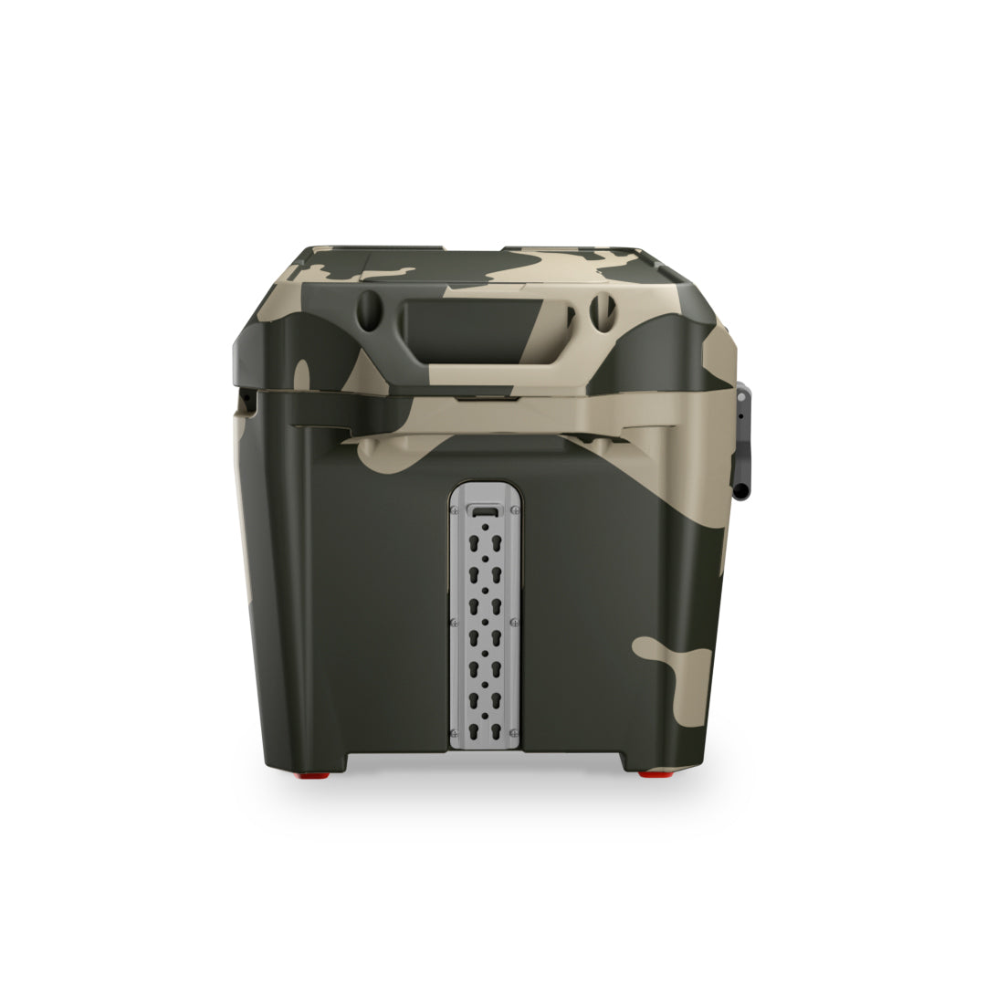 PILOT OUTDOORS Camo ice cooler with rugged design, insulated interior, and convenient handles for outdoor activities.