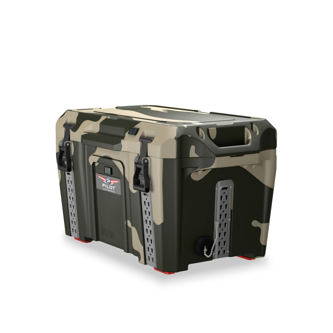PILOT OUTDOORS Camo ice cooler with rugged design, insulated interior, and convenient handles for outdoor activities.