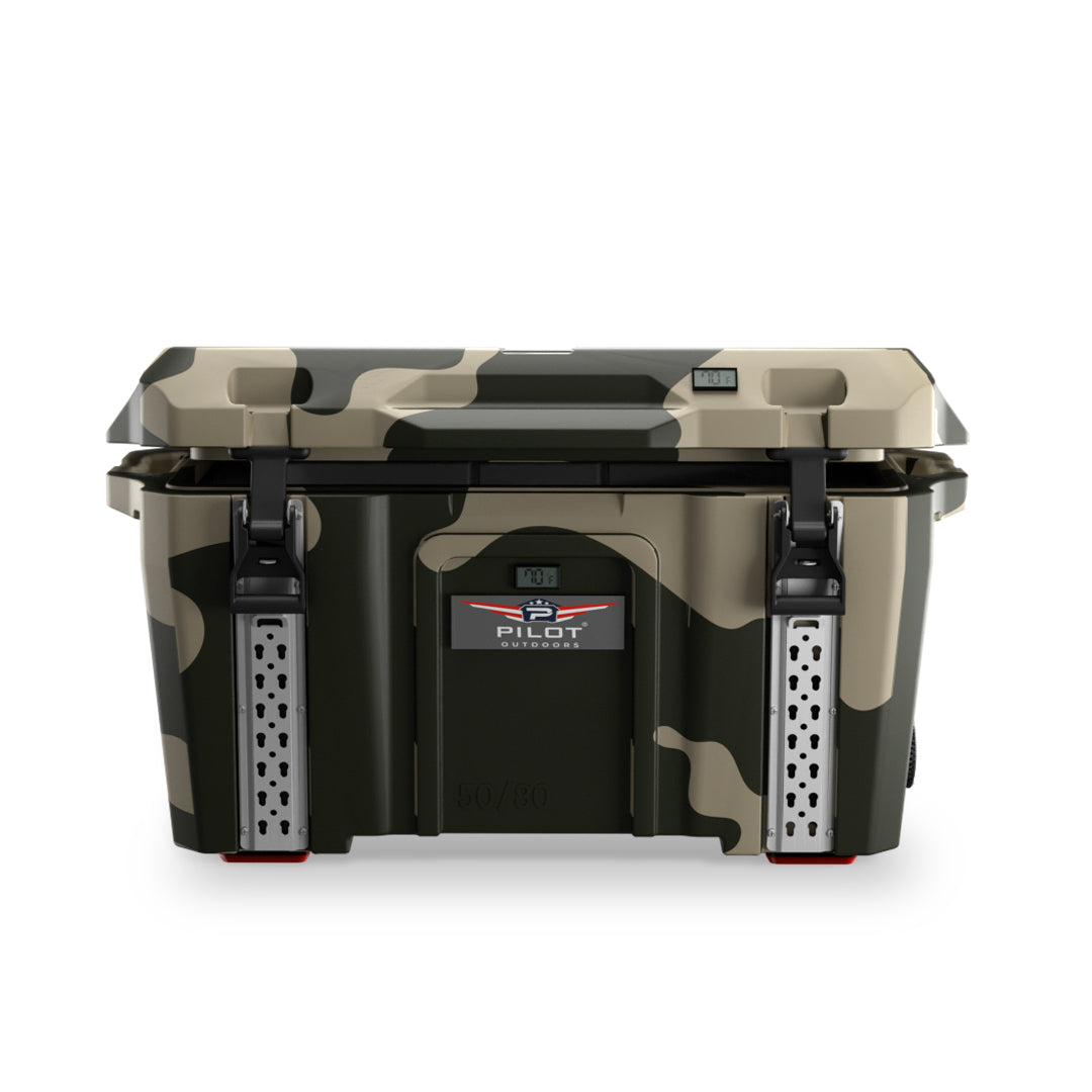 PILOT OUTDOORS Camo ice cooler with rugged design, insulated interior, and convenient handles for outdoor activities.