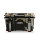 PILOT OUTDOORS Camo ice cooler with rugged design, insulated interior, and convenient handles for outdoor activities.