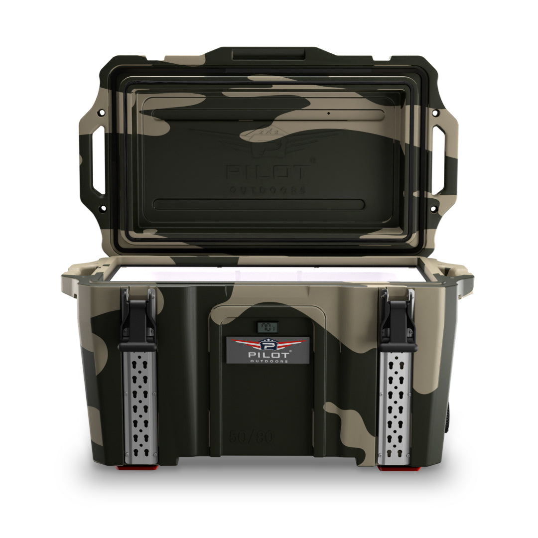 PILOT OUTDOORS Camo ice cooler with rugged design, insulated interior, and convenient handles for outdoor activities.