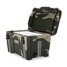 PILOT OUTDOORS Camo ice cooler with rugged design, insulated interior, and convenient handles for outdoor activities.