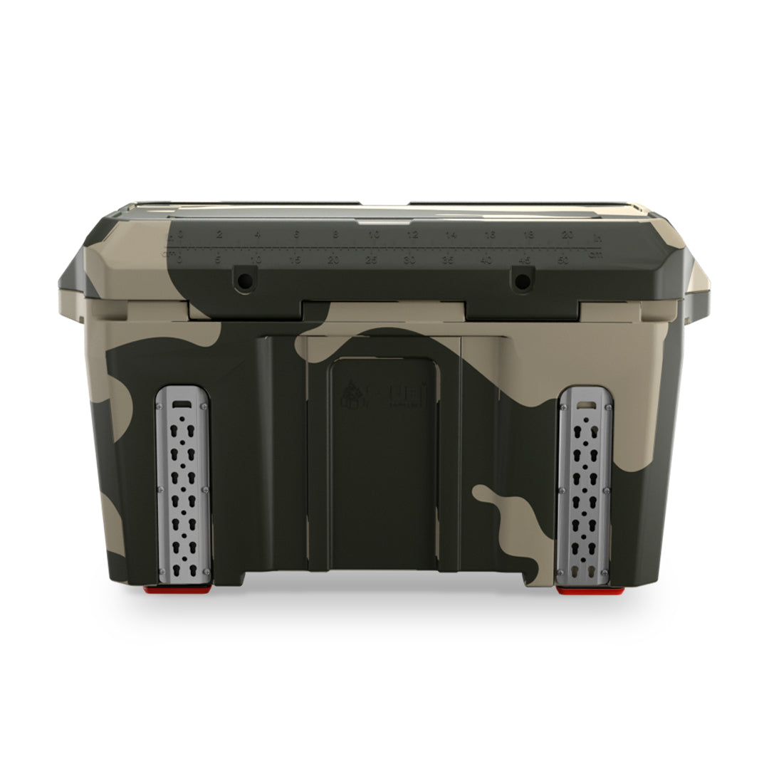 PILOT OUTDOORS Camo ice cooler with rugged design, insulated interior, and convenient handles for outdoor activities.